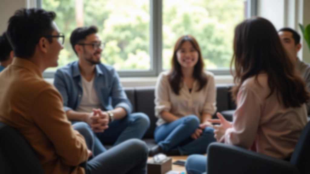 Diverse group of people in casual clothing engaged in interactive wellbeing workshop activity