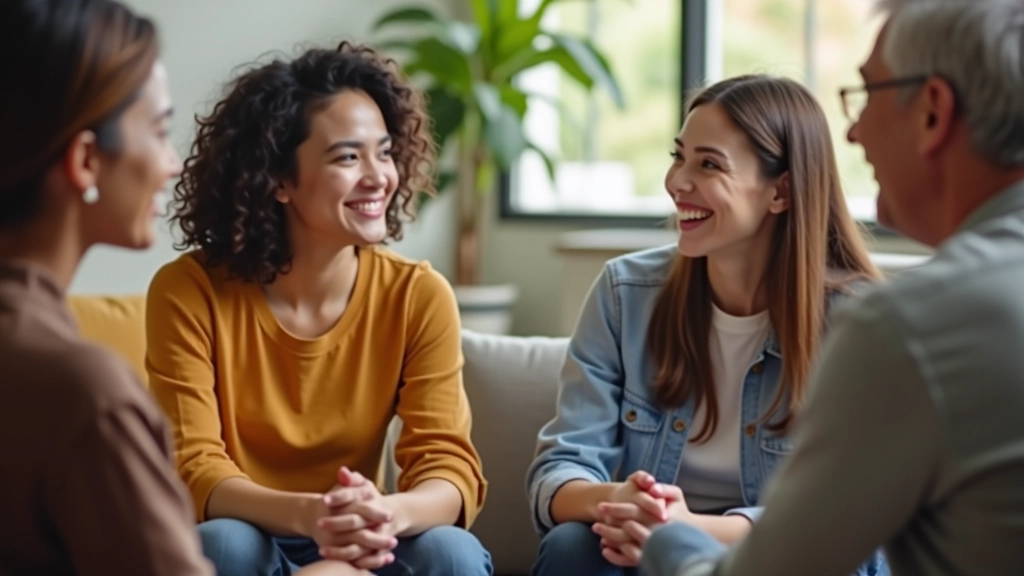 Group of people smiling together in supportive circle during wellbeing workshop session