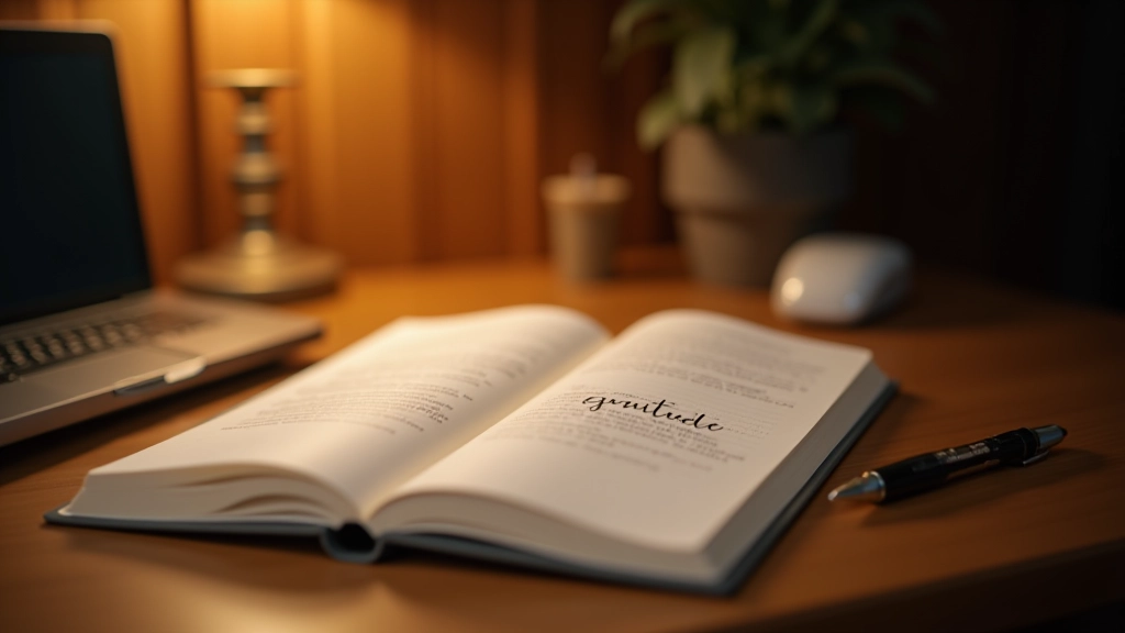 Open journal with handwritten gratitude list and pen on wooden desk