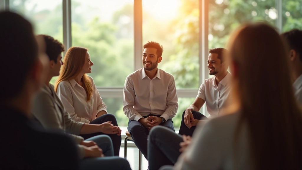 Group of diverse professionals in a wellbeing workshop, smiling and engaged in discussion