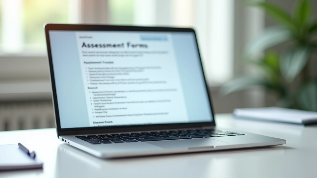 Laptop screen showing online assessment form with checkboxes and response options