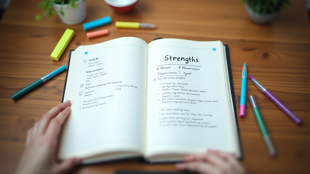 Open workbook with colored pens and notes on strengths assessment exercise