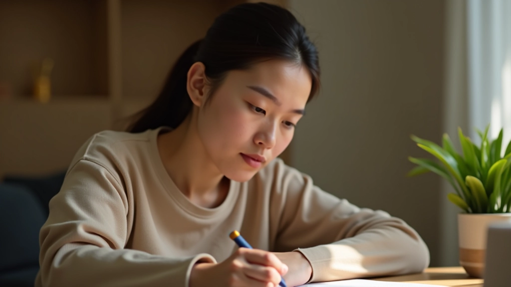 Close-up of person writing in journal with focused concentration and warm ambient lighting