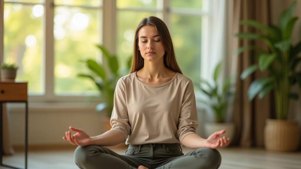 Person meditating peacefully in natural light with plants around, showing calm and wellbeing