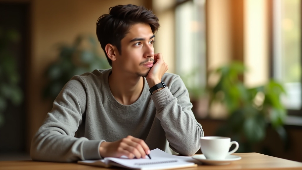 Person sitting at desk with notebook and warm lighting, reflecting thoughtfully