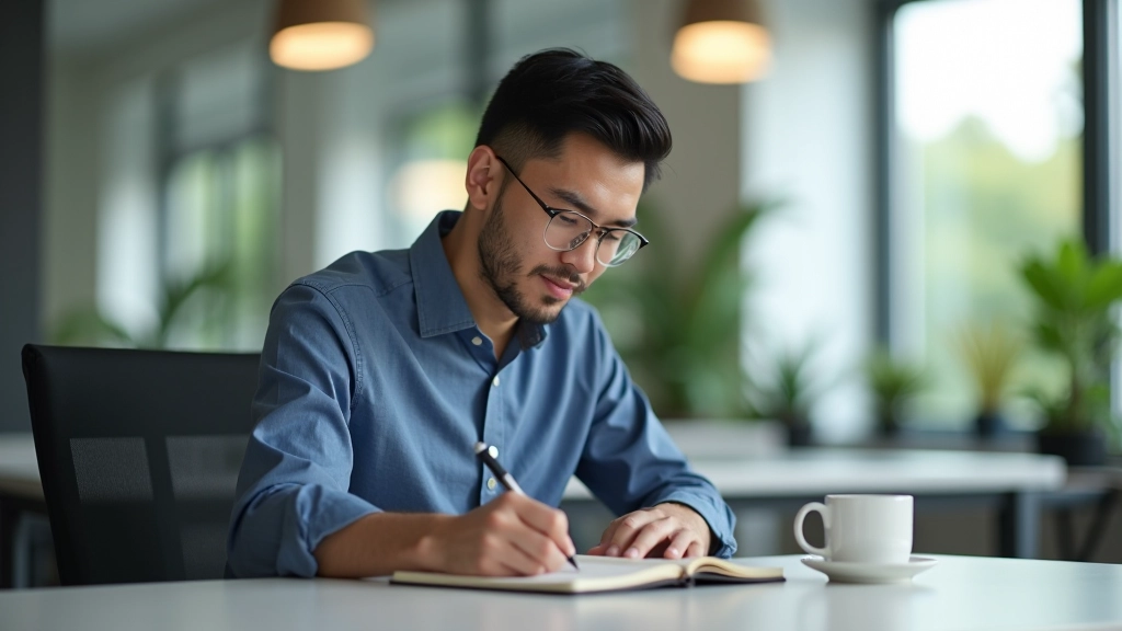 Person at desk writing thoughts in notebook, thoughtful expression with morning coffee