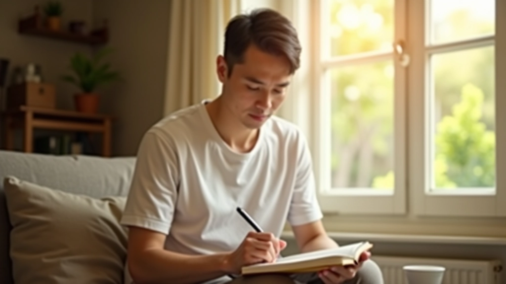 Person writing in gratitude journal with warm sunlight streaming through window