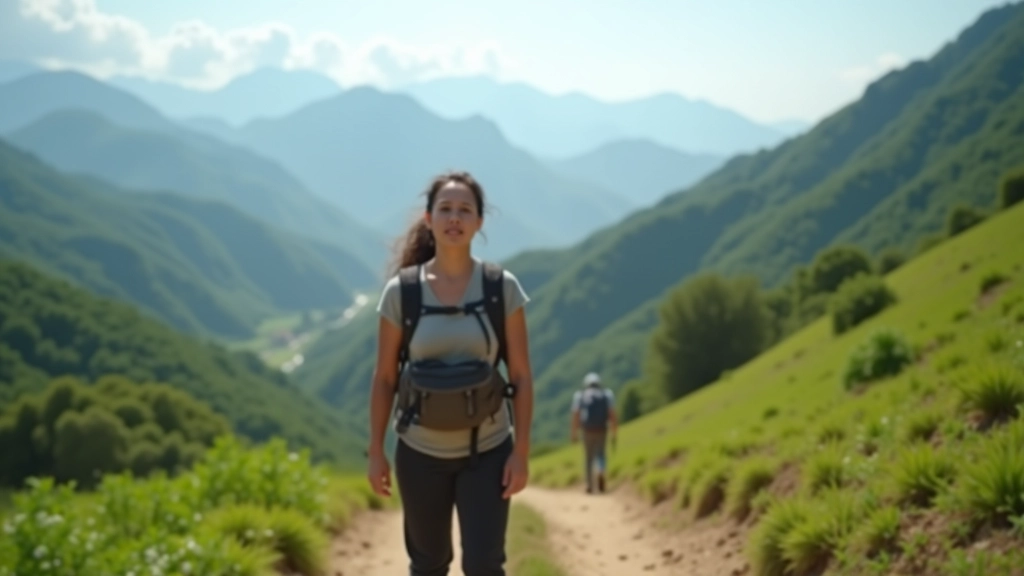 Person hiking on mountain trail with arms raised, overlooking valley landscape