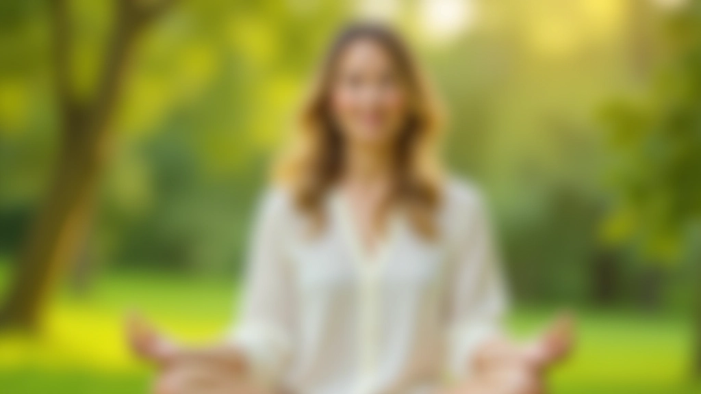 Woman meditating outdoors in a peaceful natural garden setting with morning sunlight